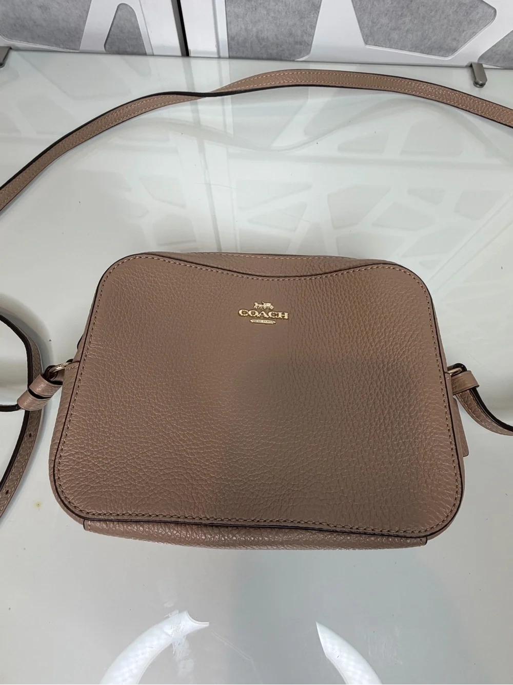 Coach Taupe Crossbody Bag with Burgundy Interior